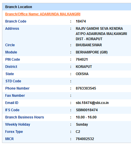 Adamunda Malkangiri sbiifsc code