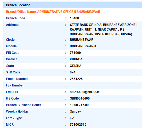 Administrative Office-Ii Bhubaneswar sbi swift code ifsc code micr code branch address contact number address