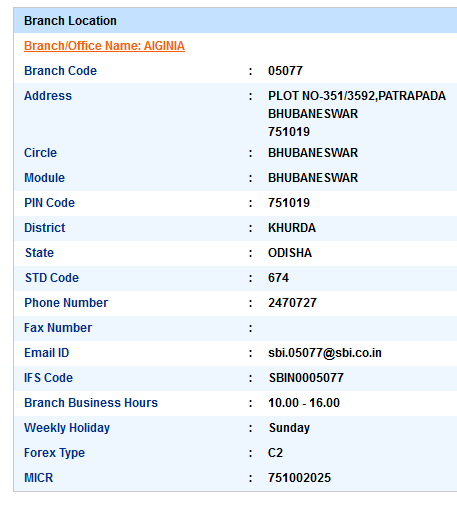 IFSC code of SBI Aiginia