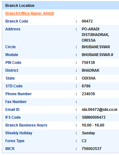 Aradi sbi swift code ifsc code micr code branch address contact number address