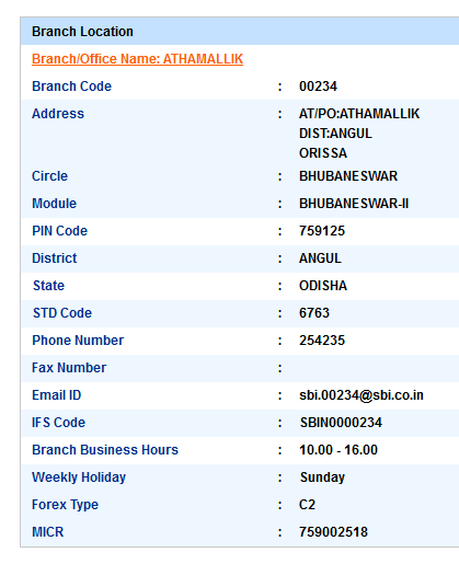 IFSC Code of SBI Athamallik