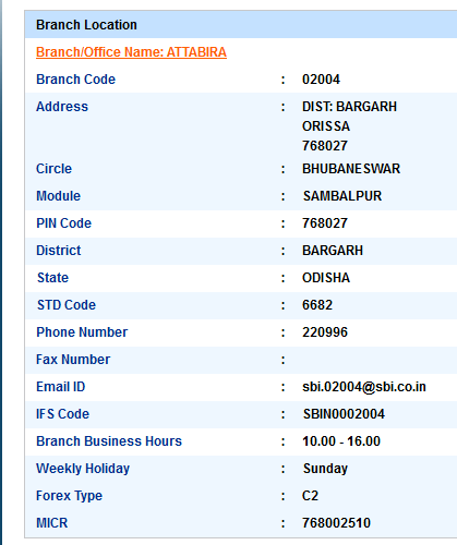 IFSC Code of SBI Attabira