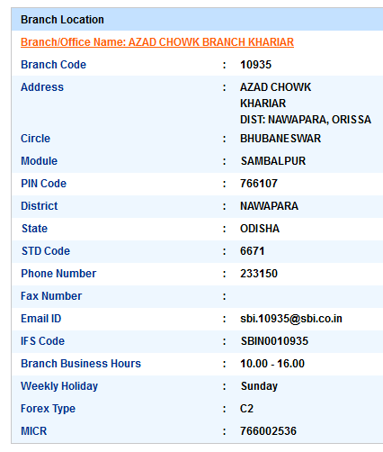 Azad Chowk Branch Khariar sbiifsc code