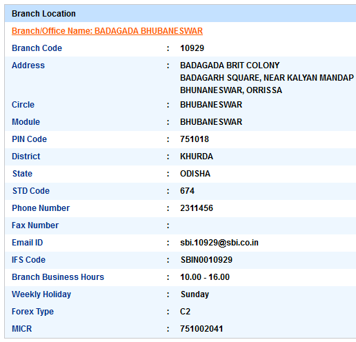 Badagada Bhubaneswar Sbi