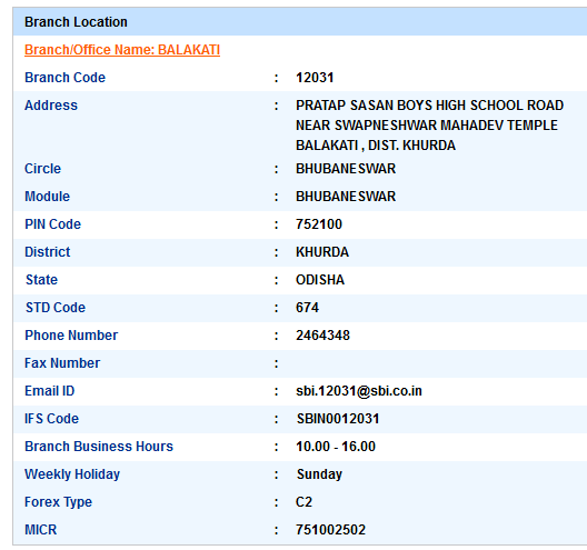 Balakati sbiifsc code