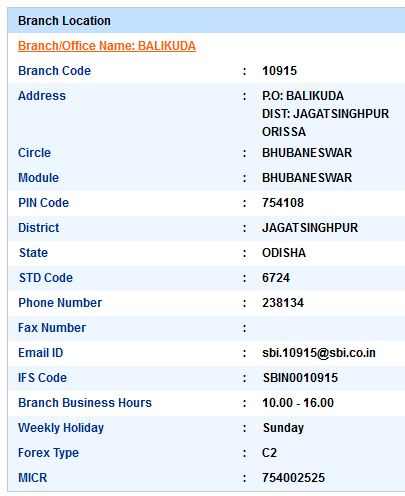 Balikuda sbiifsc code