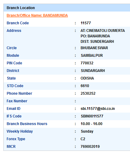 Bandamunda sbi swift code ifsc code micr code branch address contact number address