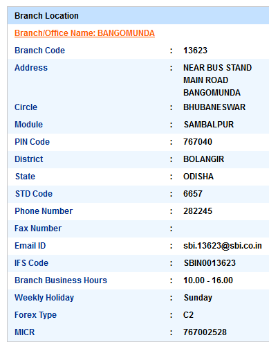 IFSC Code of SBI Bangomunda