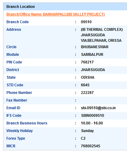 Banharpalli(Ib Valley Project) sbi swift code ifsc code micr code branch address contact number address