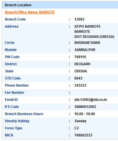 Barkote sbi swift code ifsc code micr code branch address contact number address