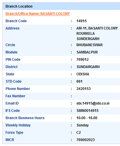 Basanti Colony sbiifsc code