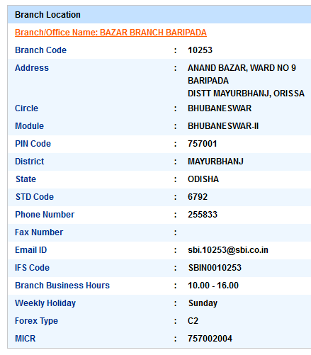 IFSC Code of SBI Bazar Branch Baripada