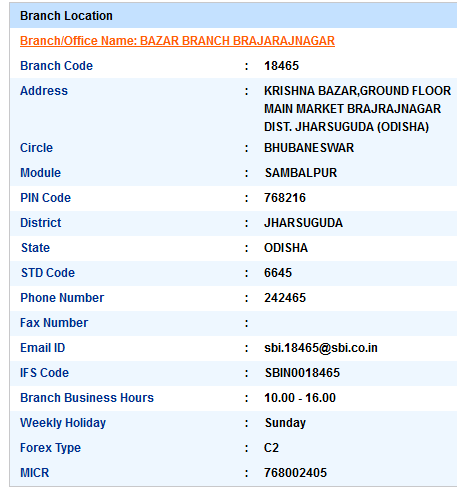 Bazar Branch Brajarajnagar sbi ifsc code