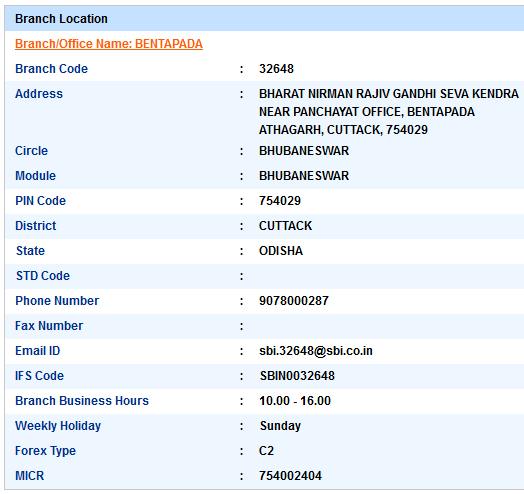 Bentapada sbi ifsc code