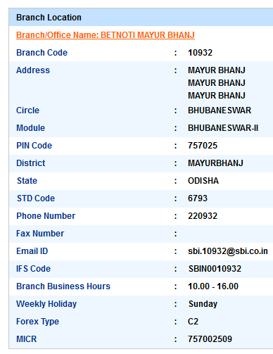 IFSC Code of SBI Betnoti Mayur Bhanj