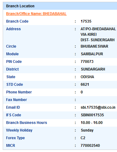 Bhedabahal sbi swift code ifsc code micr code branch address contact number address