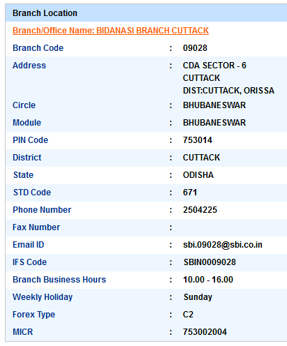 Bidanasi Branch Cuttack sbi swift code ifsc code micr code branch address contact number address