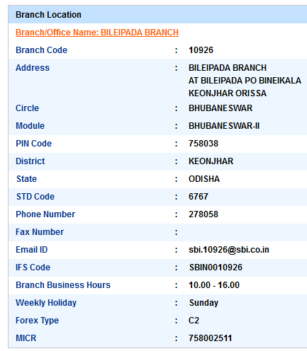 IFSC Code of SBI Bileipada Branch