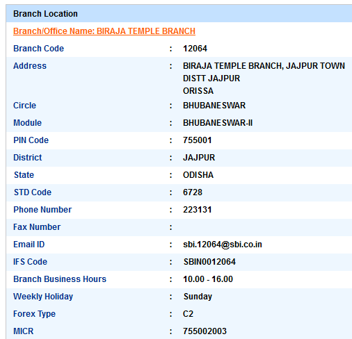 Biraja Temple Branch sbiifsc code