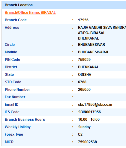 IFSC Code of SBI Birasal