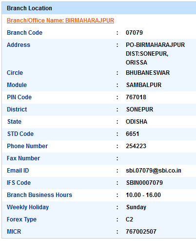 Birmaharajpur sbiifsc code