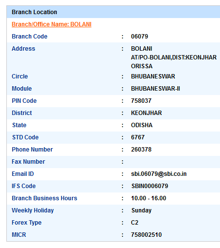 IFSC Code of SBI Bolani