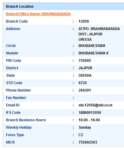 Brahmabarada sbiifsc code