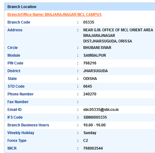 IFSC Code of SBI Brajarajnagar Mcl Campus