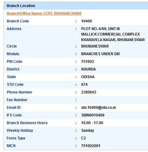 Ccpc Bhubaneswar sbiifsc code