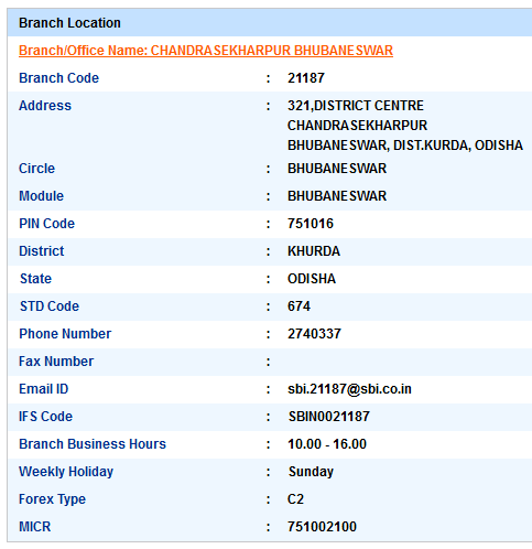 Chandrasekharpur Bhubaneswar sbi swift code ifsc code micr code branch address contact number address