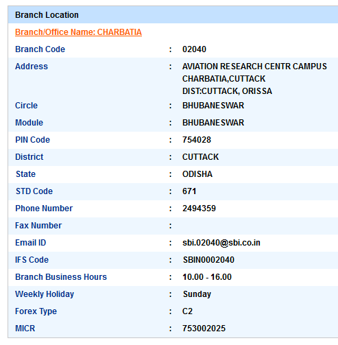Charbatia sbiifsc code
