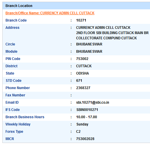 Currency Admn Cell Cuttack Sbi