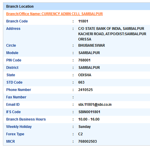 Currency Admn Cell Sambalpur Sbi