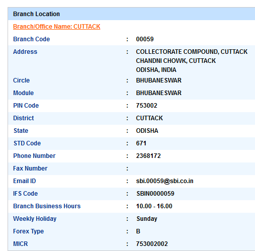 IFSC Code of SBI Cuttack