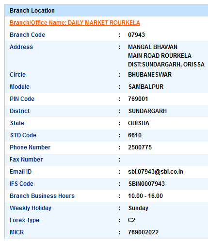 IFSC Code of SBI Daily Market Rourkela