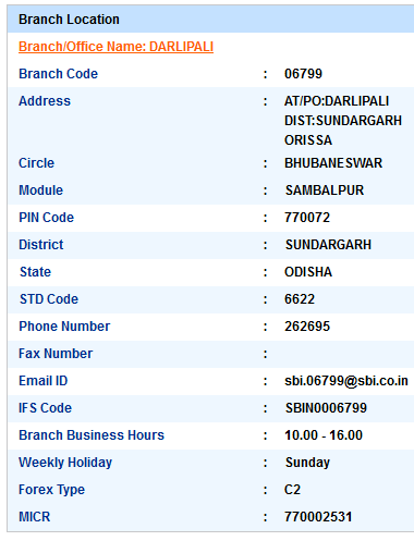 Darlipali sbi swift code ifsc code micr code branch address contact number address