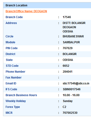 Deogaon sbiifsc code