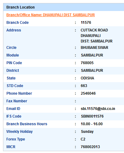 Dhanupali Dist Sambalpur sbi swift code ifsc code micr code branch address contact number address