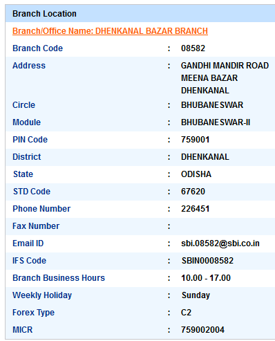 Dhenkanal Bazar Branch sbiifsc code