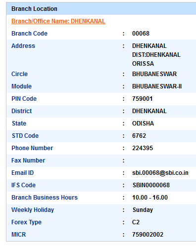 Dhenkanal sbiifsc code