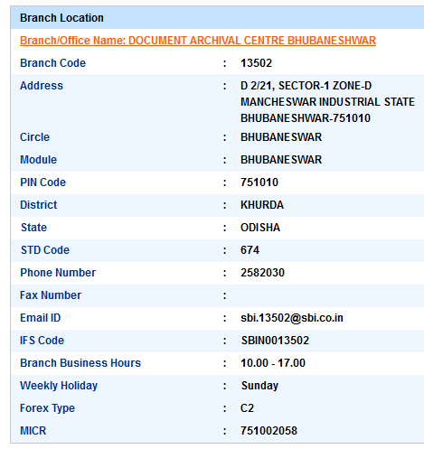 Document Archival Centre Bhubaneshwar sbi swift code ifsc code micr code branch address contact number address