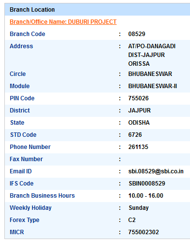 Duburi Project sbiifsc code