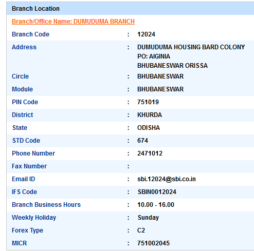 IFSC Code of SBI Dumuduma Branch