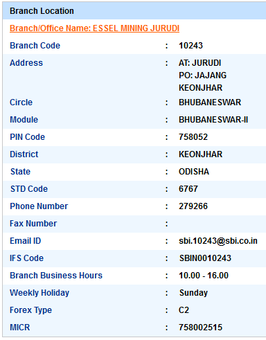 Essel Mining Jurudi sbi swift code ifsc code micr code branch address contact number address