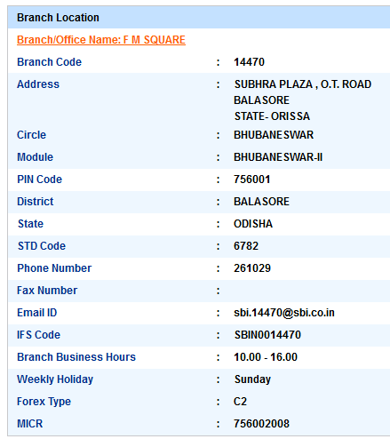 IFSC Code of SBI FM Square