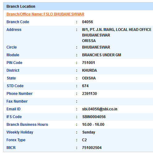 FSLO Bhubaneshwar SBI IFS Code