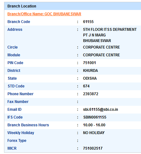 GOC Bhubaneswar SBI IFS Code