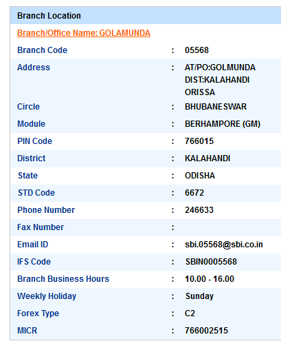 IFSC Code of SBI Golamunda