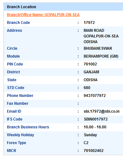IFSC Code of SBI Gopalpur-On-Sea