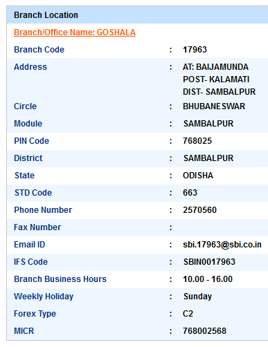 Goshala sbiifsc code